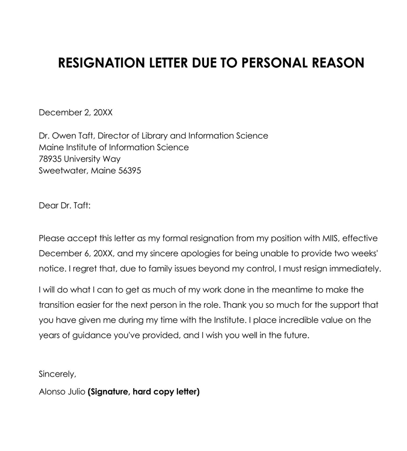 Free Printable Resignation Letter Due to Family Issues Sample for Word File