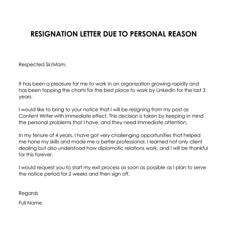 Free Downloadable Resignation Letter Due to Personal Reasons Sample 03 for Word Document