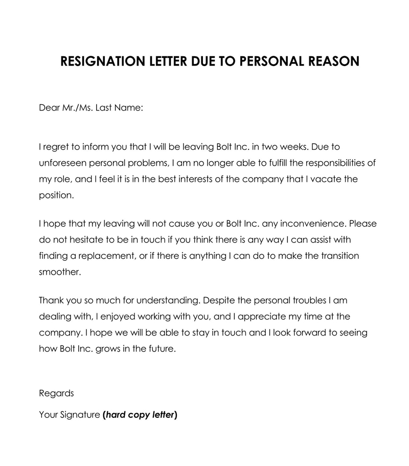 Great Comprehensive Resignation Letter Due to Personal Reasons Sample 06 as Word Format