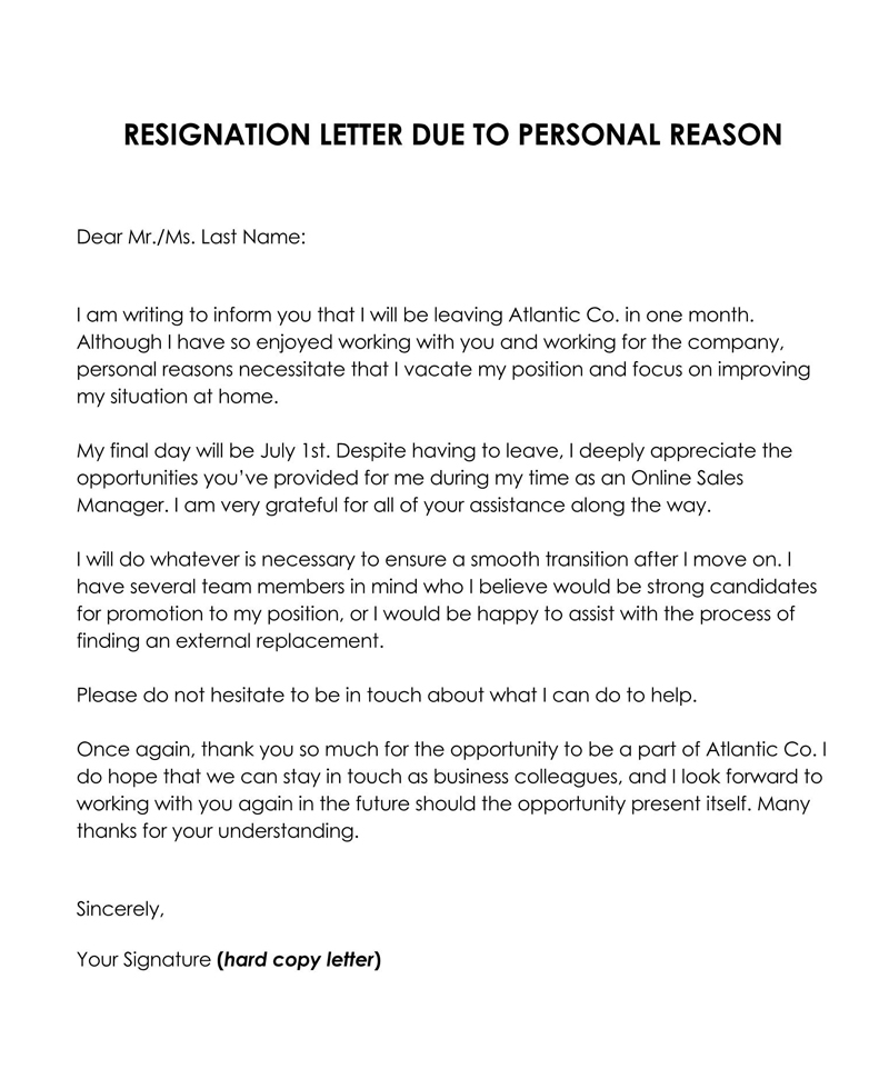 Great Comprehensive Resignation Letter Due to Personal Reasons Sample 07 for Word Format