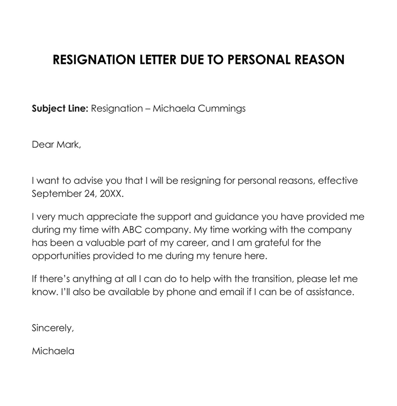 Great Comprehensive Resignation Letter Due to Personal Reasons Sample 09 for Word Format