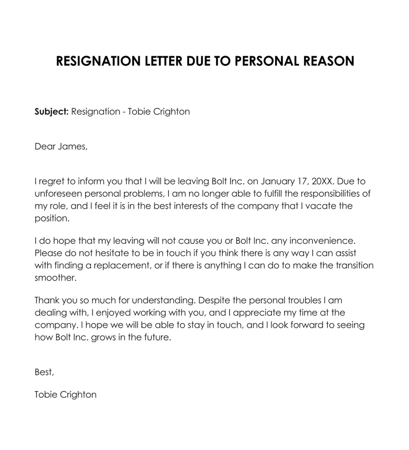 Great Comprehensive Resignation Letter Due to Personal Reasons Sample 10 for Word Format