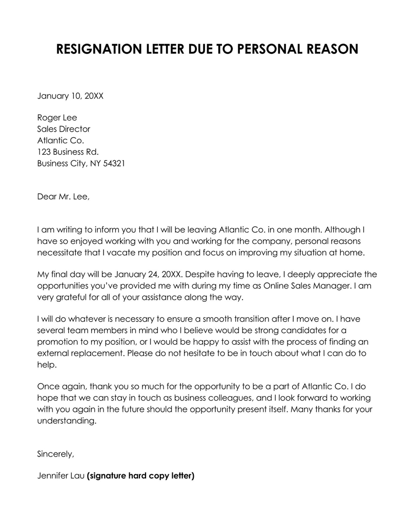 Great Comprehensive Resignation Letter Due to Personal Reasons Sample 11 for Word Format