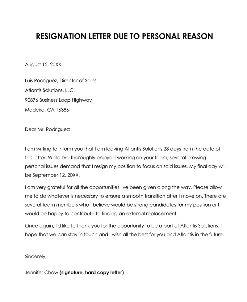 resignation letter for personal reasons with one month
