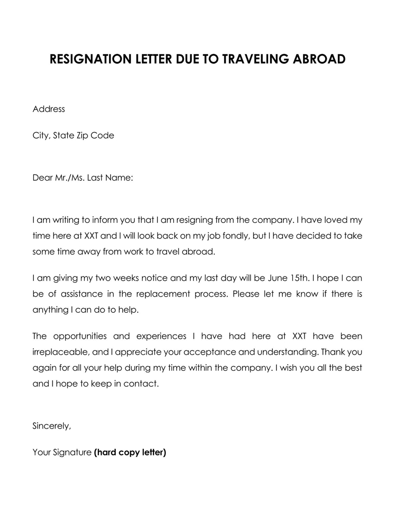 resignation letter due to moving abroad