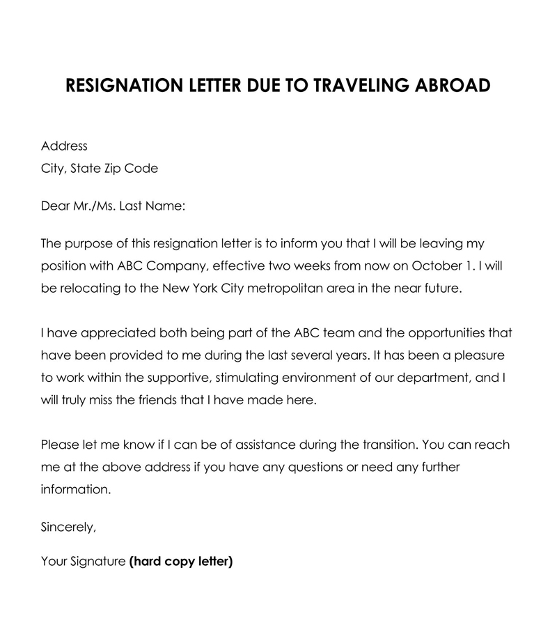 immediate resignation letter due to migration abroad