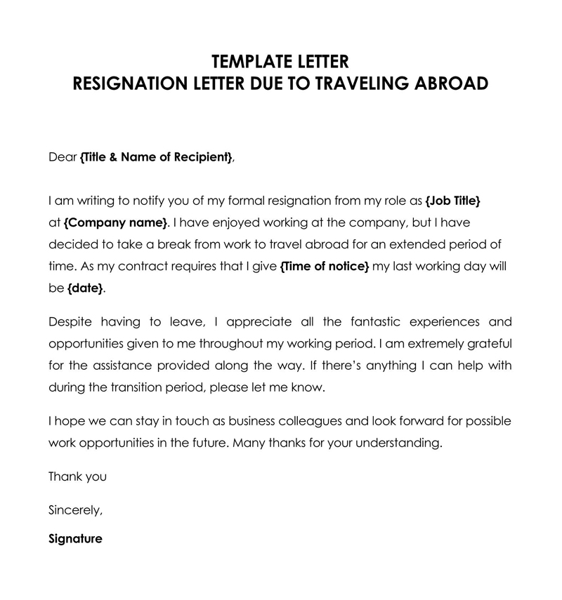 resignation letter due to going abroad with family