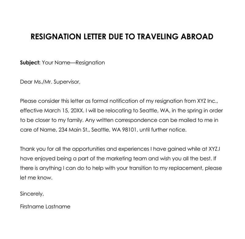 resignation letter for abroad reason