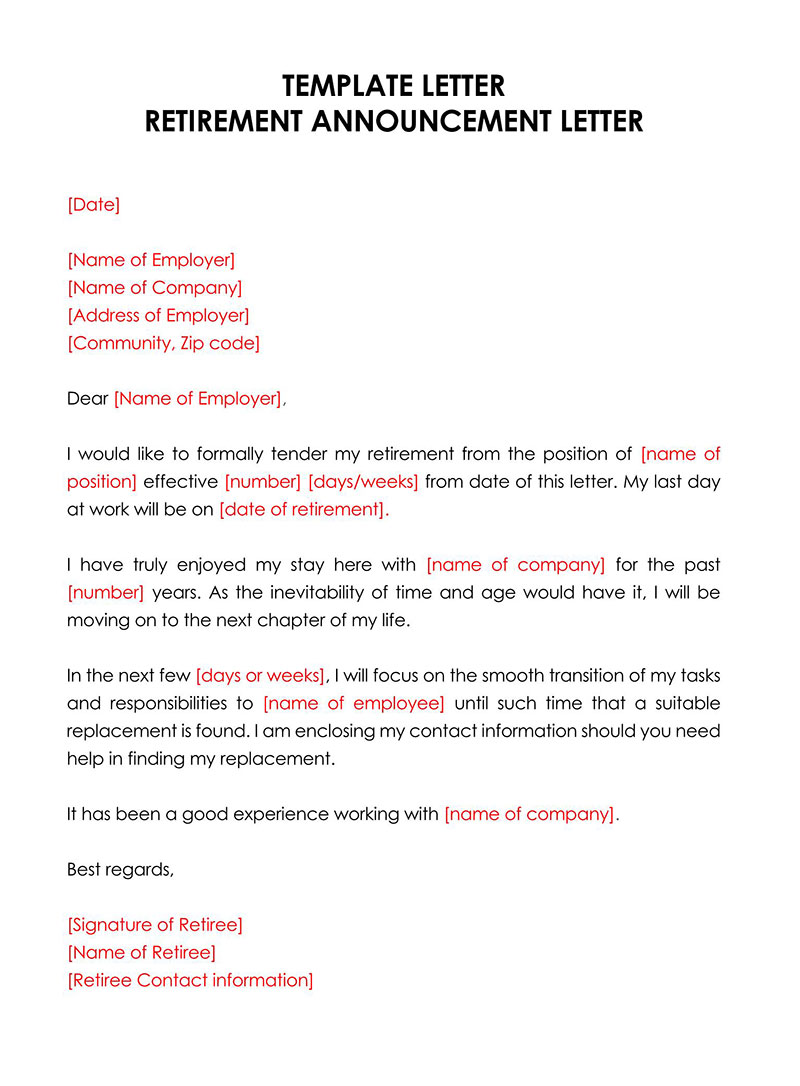 Retirement Announcement Letter Example