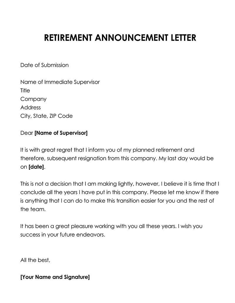 Printable Retirement Announcement Letter Sample