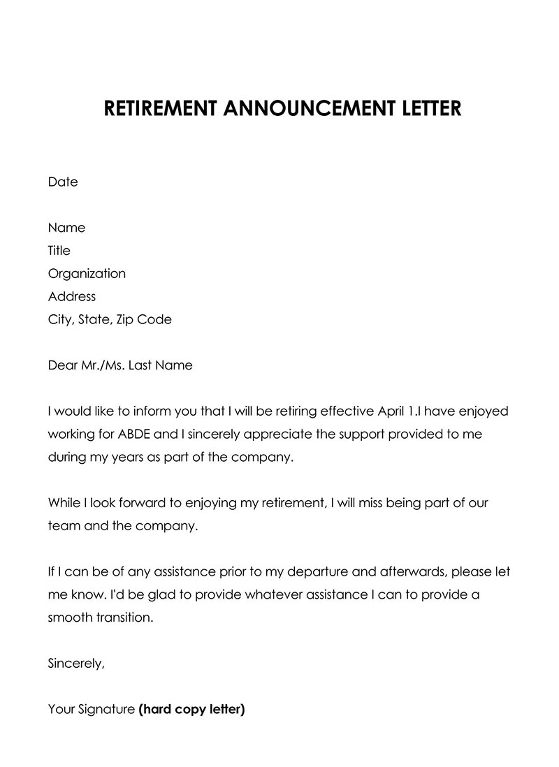 Retirement Announcement Letter Template with Free Download