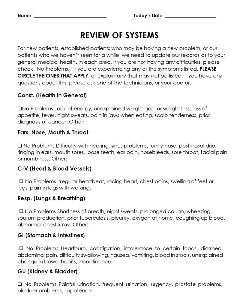 Great Downloadable Review of Systems Sample 01 for Word Document