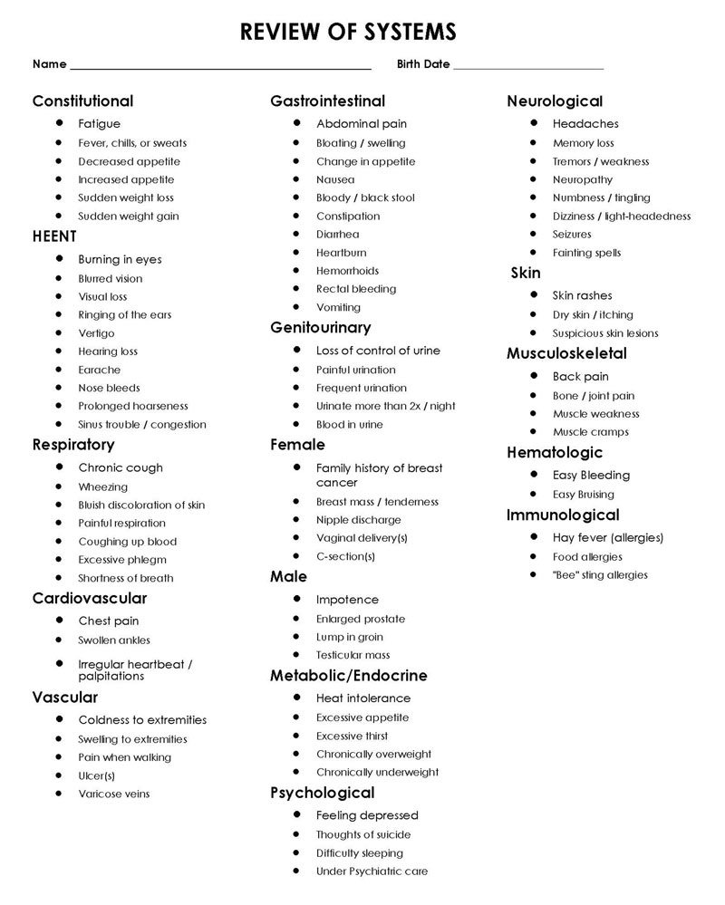 Great Downloadable Review of Systems Sample 07 for Word Document