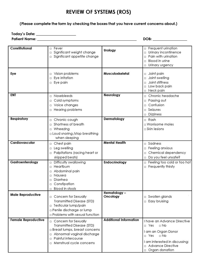 Great Comprehensive Review of Systems Template 03 for Word Document