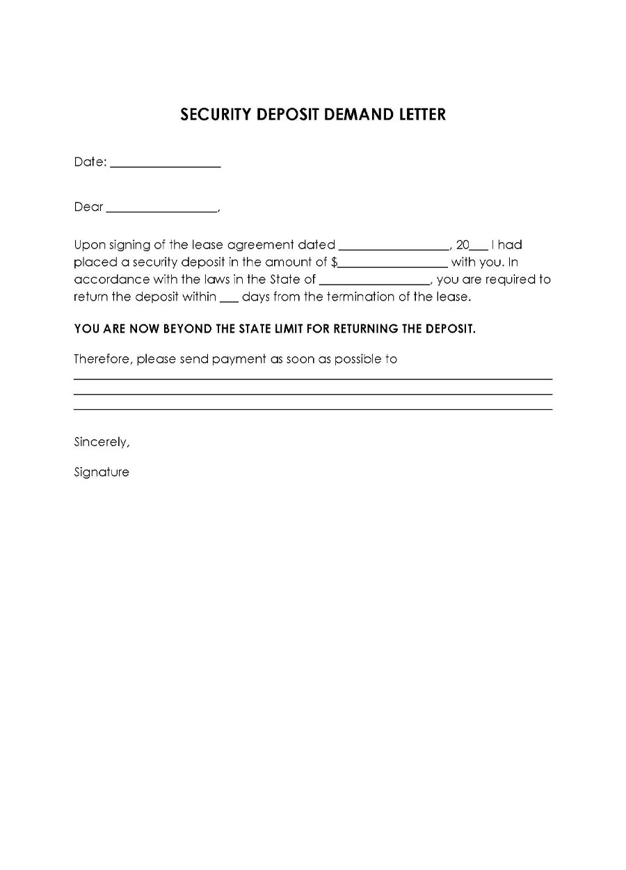 Printable security deposit demand letter template sample