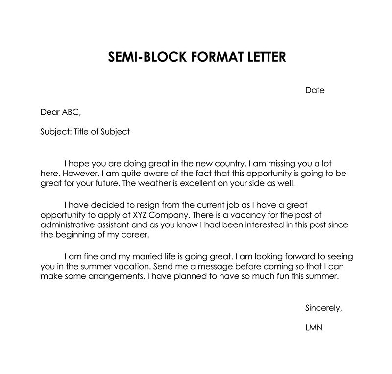 Semi Block Format for Business Letter Example