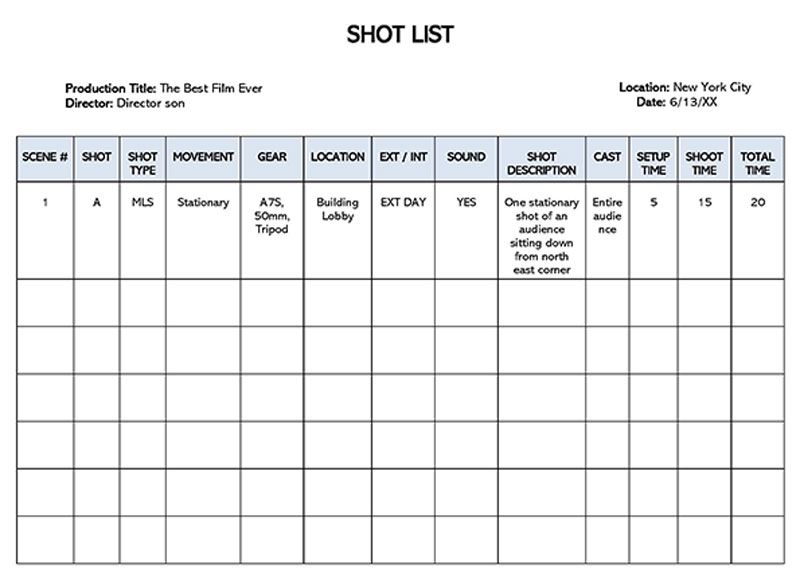 Editable Shot List Template 01 for Production in Word Format