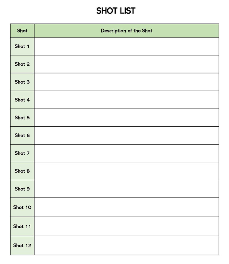Editable Shot List Template 02 for Production in Word Format