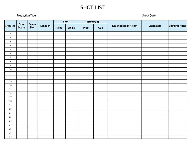 Editable Shot List Template 04 for Production as Excel File