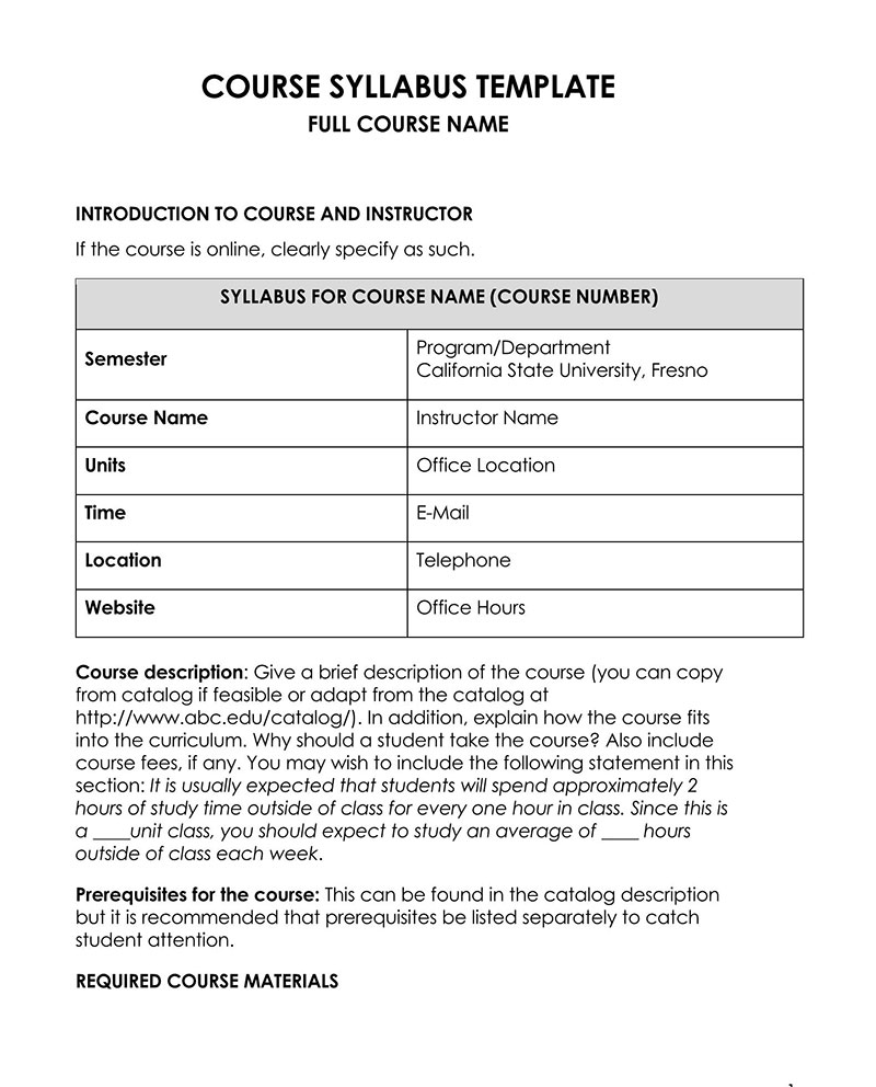 Editable Course Syllabus Form