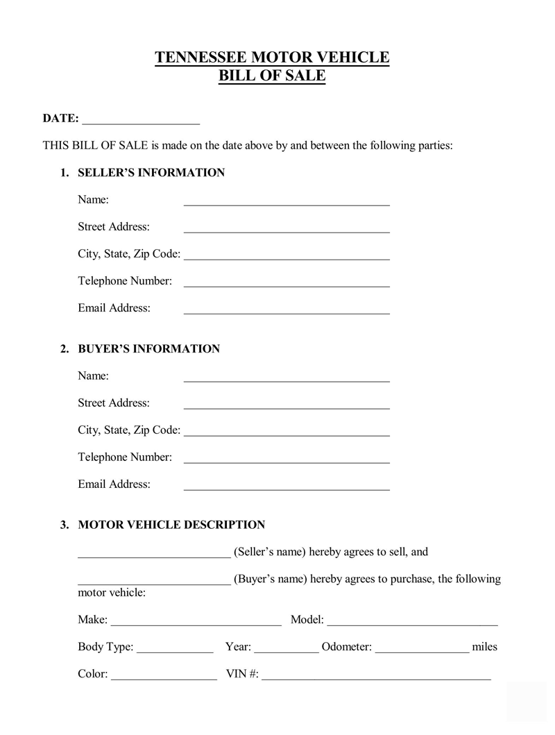 Editable Tennessee Vehicle Bill of Sale Form Tempate