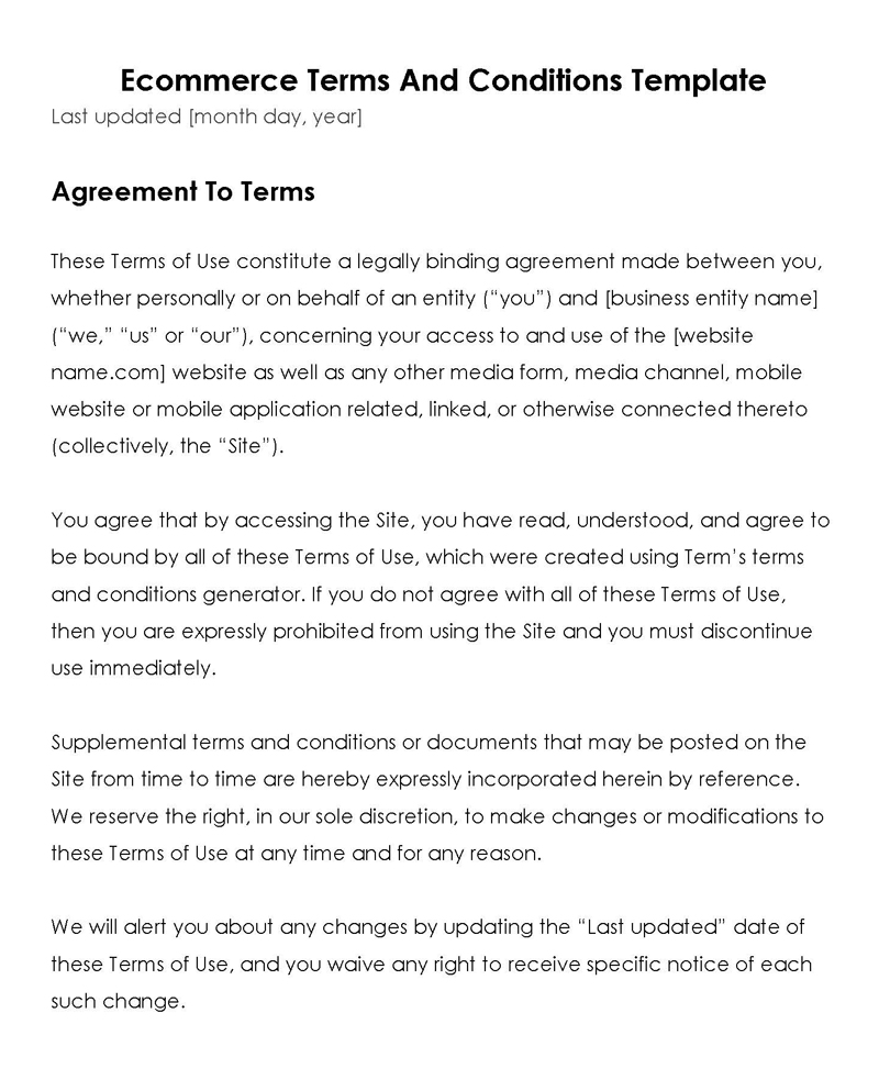 Great Downloadable Ecommerce Terms and Conditions Policy Template for Word Document