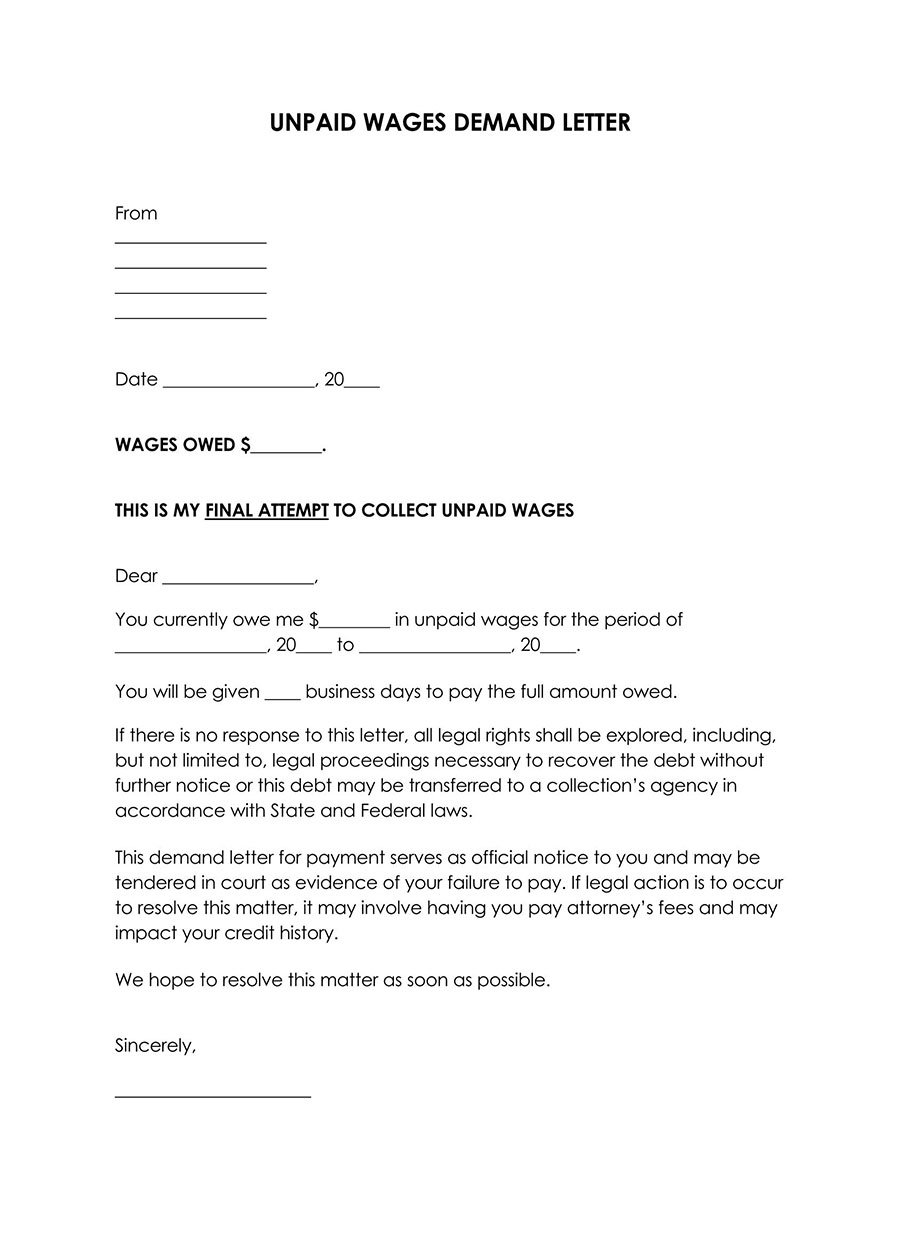 Editable unpaid wages demand letter template sample