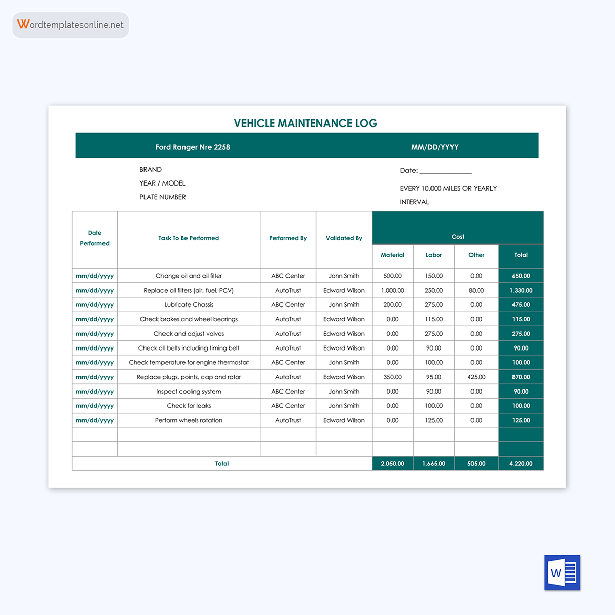 Example Vehicle Log Template