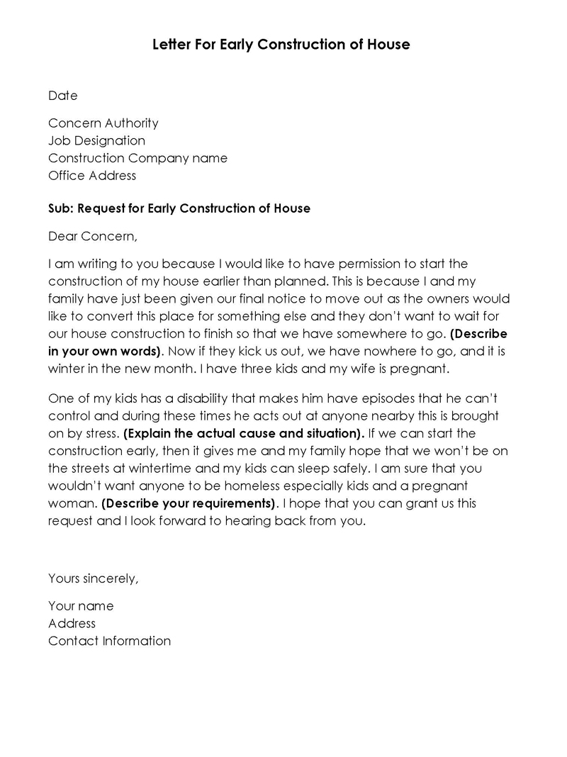  request letter for early construction of house