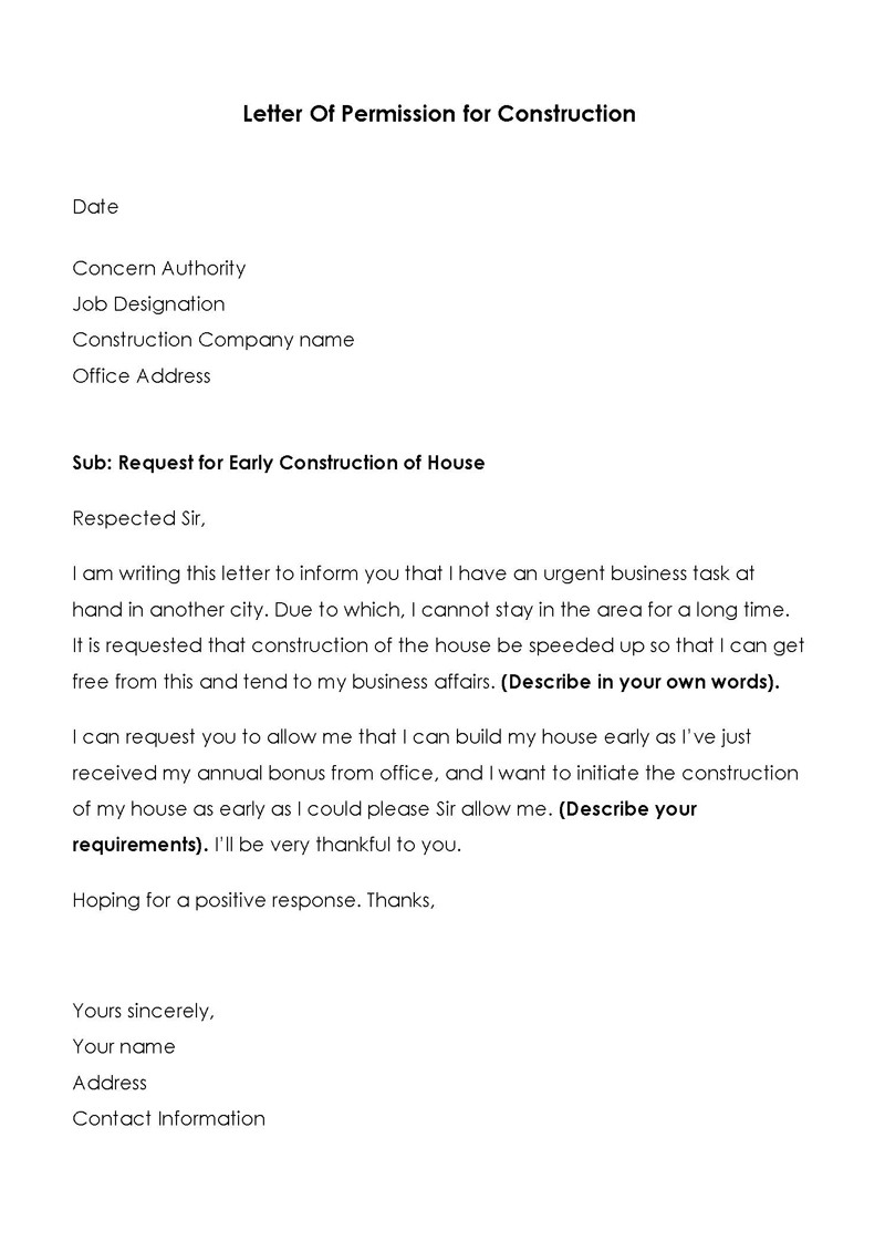 Free Letter of Permission for Construction Template