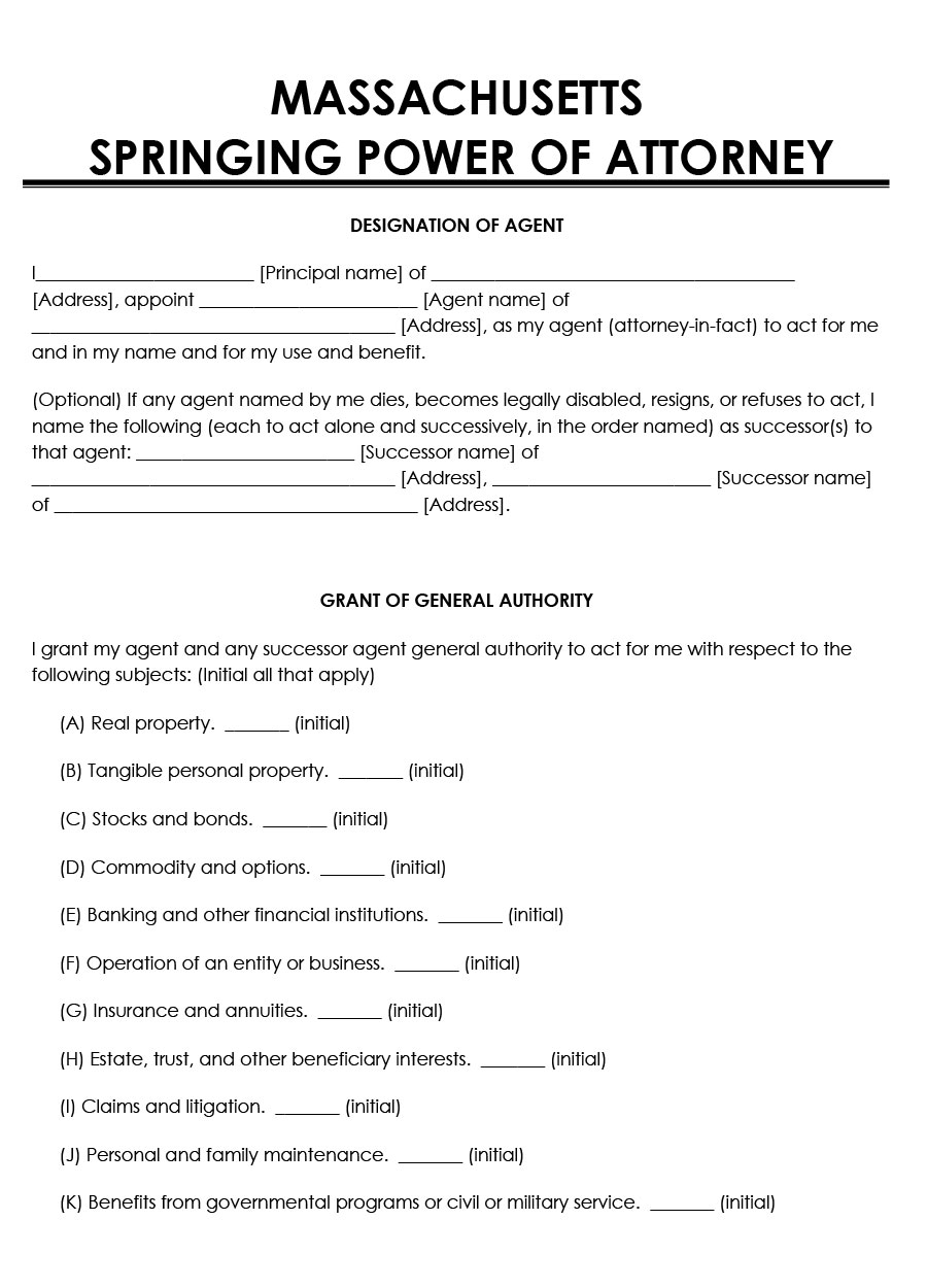 Great Downloadable Massachusetts Springing Power of Attorney Form for Word File
