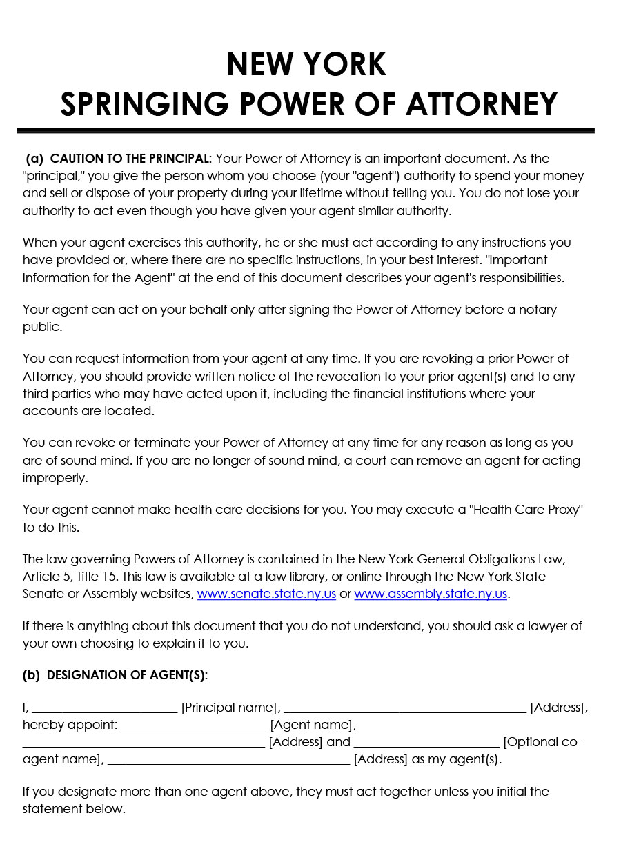 Free Editable New York Real Springing Power of Attorney Form as Word Document