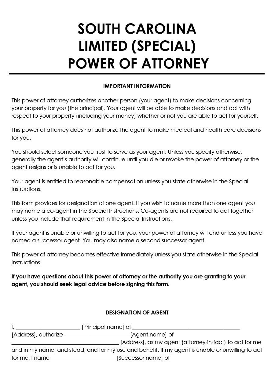 Free Professional South Carolina Limited Power of Attorney Form as Word File