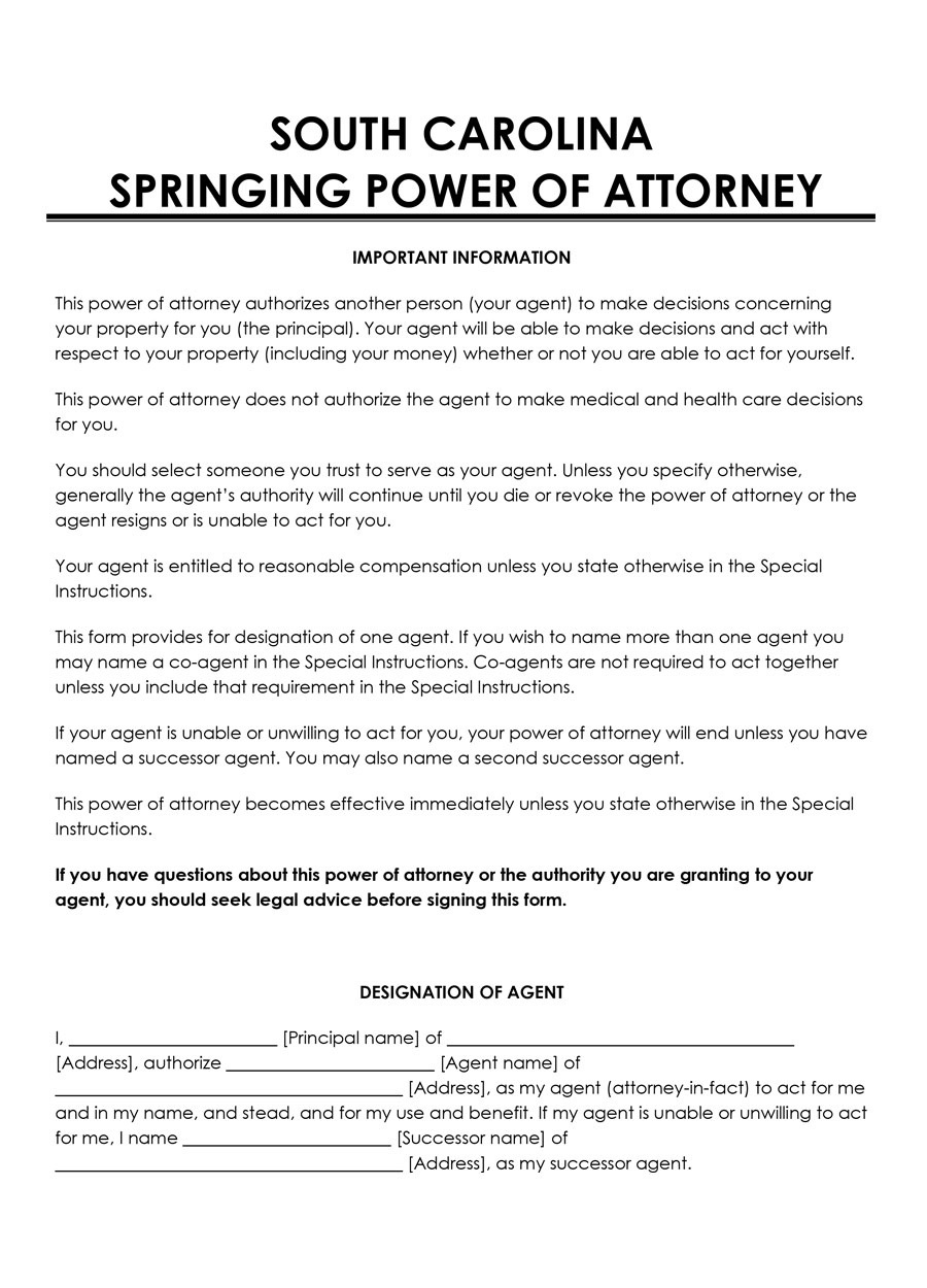 South Carolina Springing Power of Attorney
