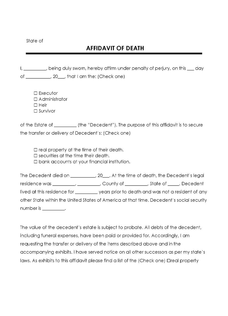 Free Editable Affidavit of Death Form for Word Document