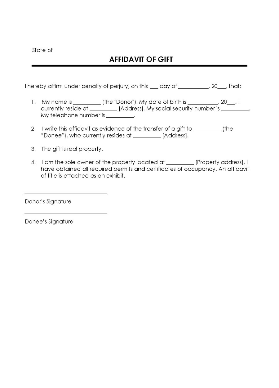 Gift Affidavit Form Sample