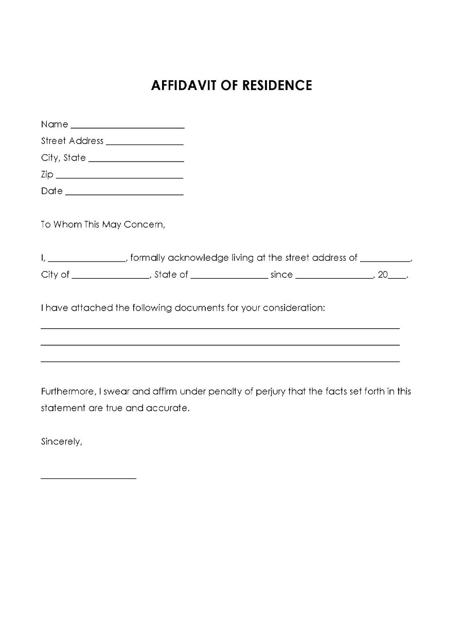 Free Editable Affidavit of Residence Form for Word Document