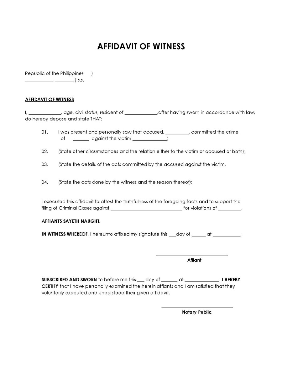 Free Comprehensive Affidavit of Witness Form for Word Format