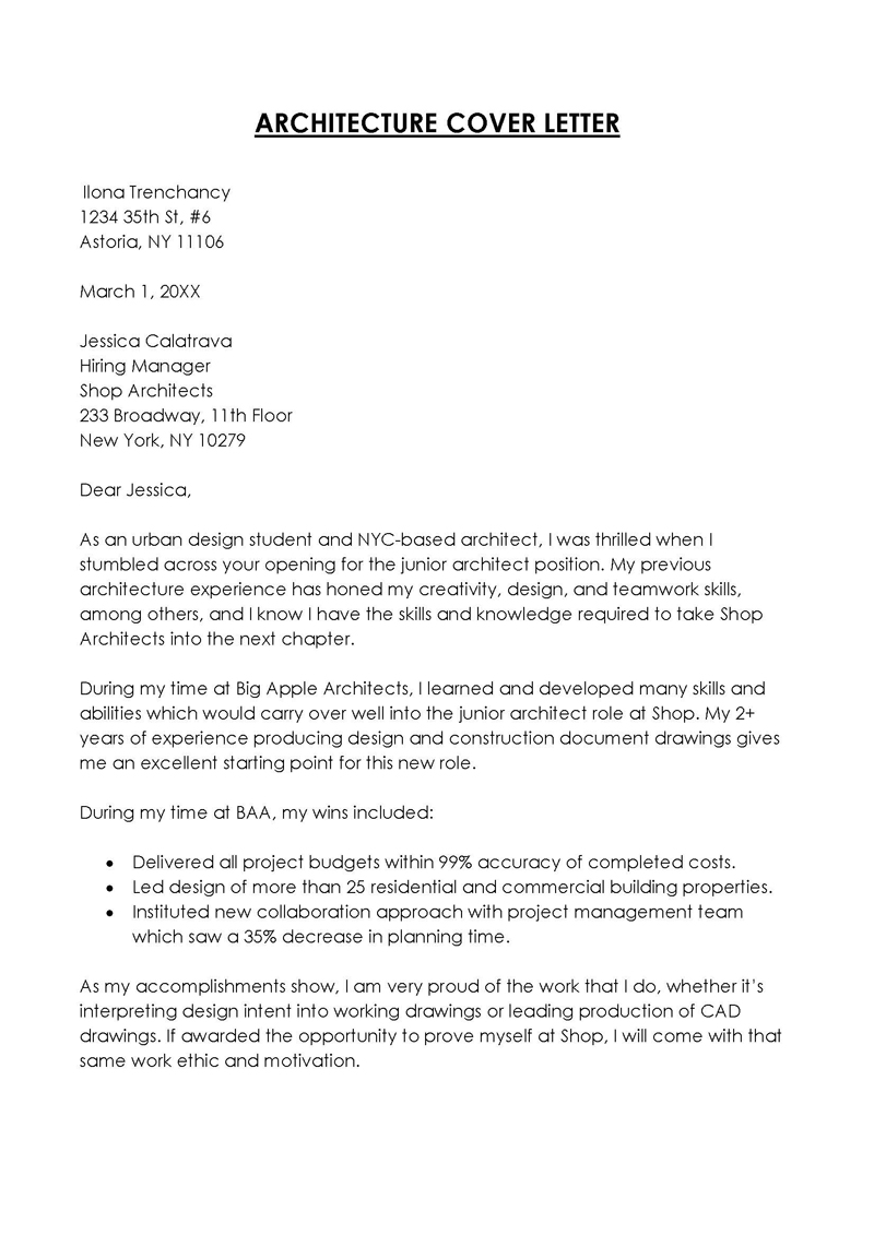 Printable architect cover letter format for job application