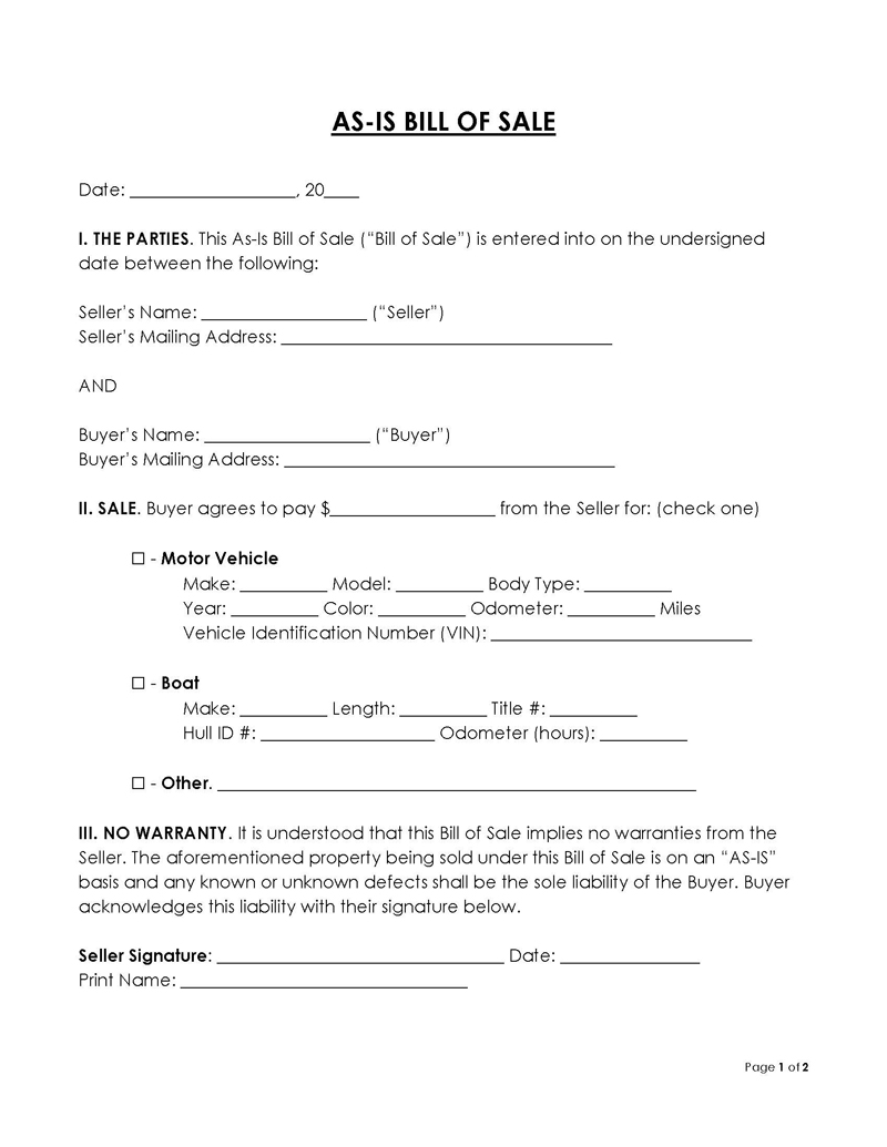 Downloadable As-Is (no warranty) Bill of Sale Template - Sample Form