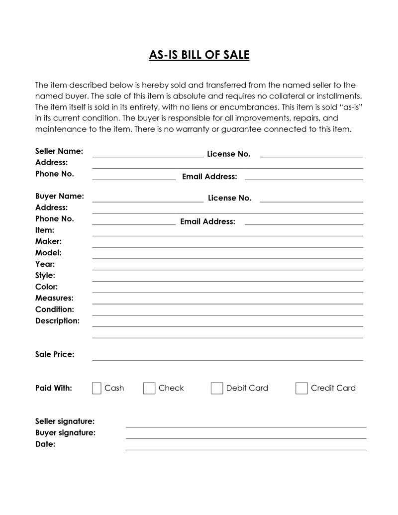 Free As-Is (no warranty) Bill of Sale Templates - Word | PDF
