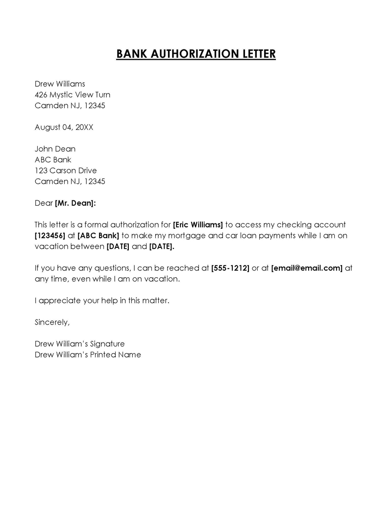 Free Account Check Bank Authorization Letter Sample for Word File