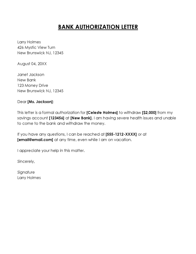 Free Money Withdrawal Bank Authorization Letter Sample for Word File