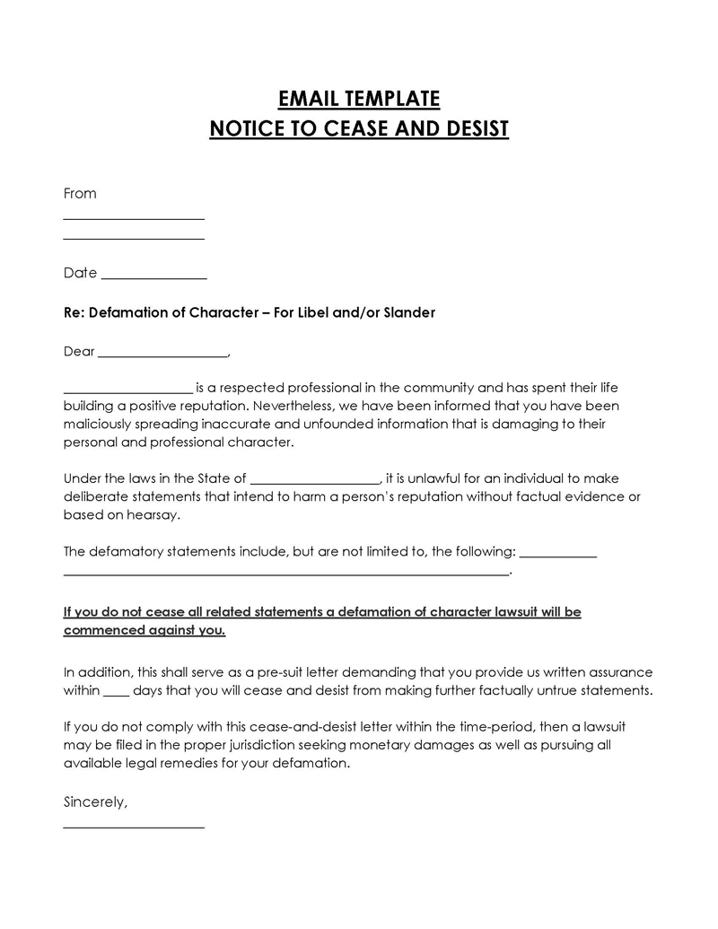 Editable Defamation (Slander, Libel) Cease and Desist Letter 02 for Word