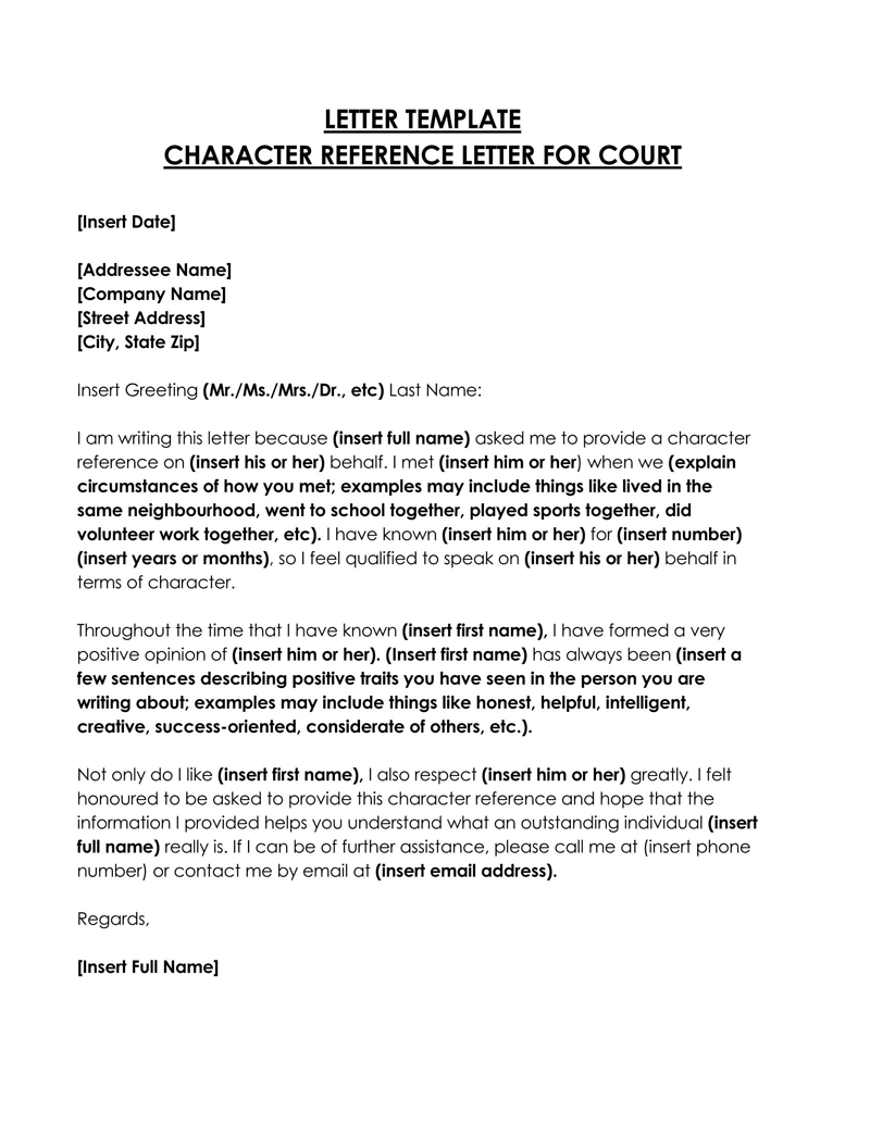 Word Template for Court Character Reference