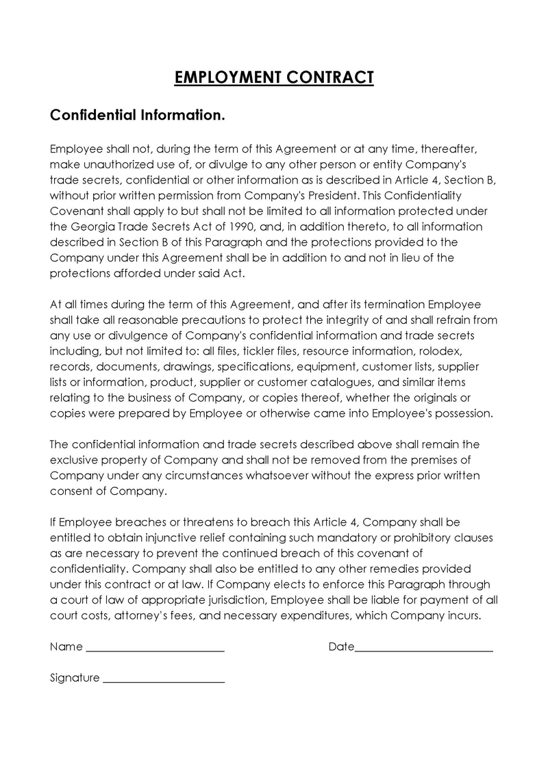 Editable Confidentiality Statement Sample - Employment contract