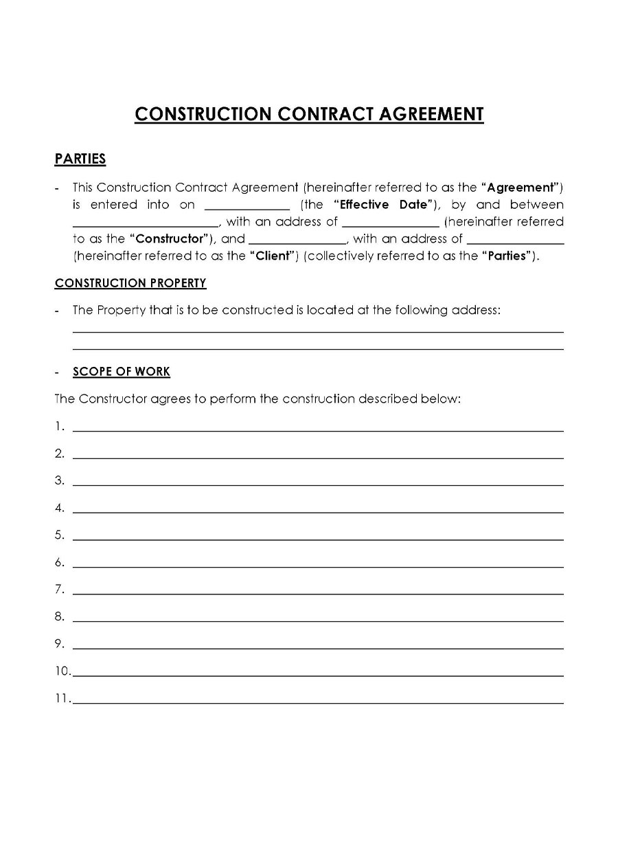 Construction Contractor Agreement Template Free