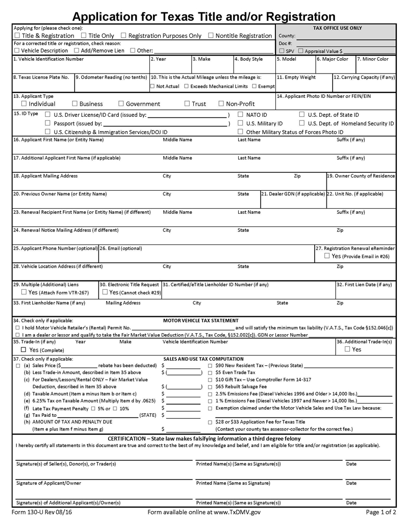 Editable Application for Texas Title (Form 130 U) 01 in PDF