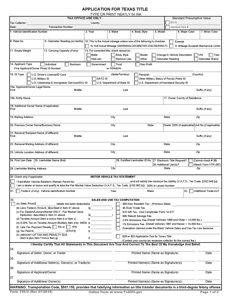 Free Application for Texas Title (Form 130 U) 02 in PDF
