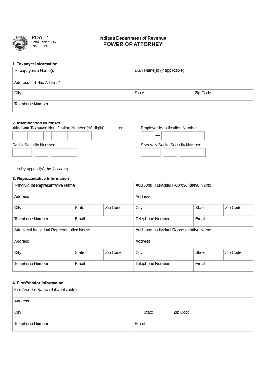 Printable department of revenue Indiana POA Template